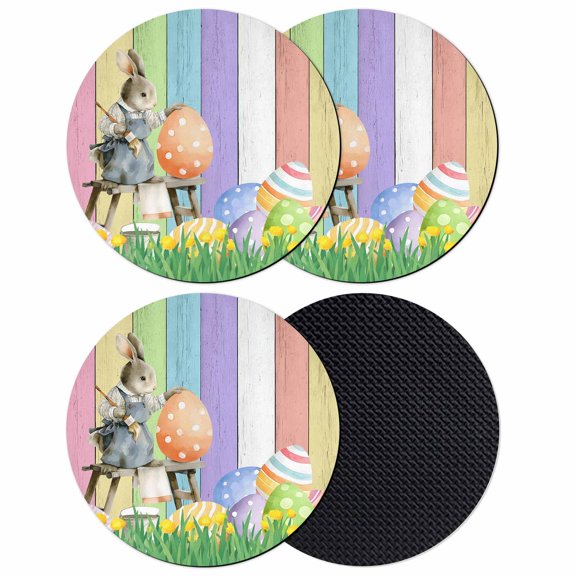 Easter Rabbbits Coasters Set of 4, Absorbent Coasters for Drinks, Eggs Spring Floral Grass Colorful Wooden Coaster for Desk Coffee Table Protection, Home Decor House Warming Gifts 4"