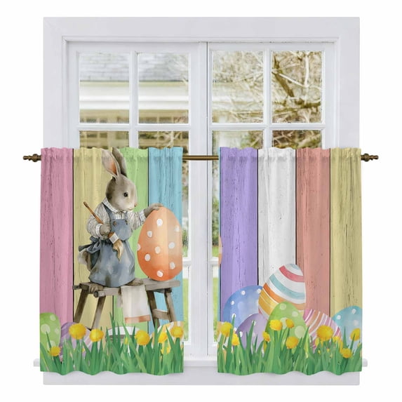 Easter Rabbbits Kitchen Curtains 45 Inch Length, Eggs Spring Floral Grass Colorful Wooden Tiers Curtains for Bathroom Bedroom Cafe, Light Filtering Small Window Treatment Drapes 2 Panels 42"Wx45"L