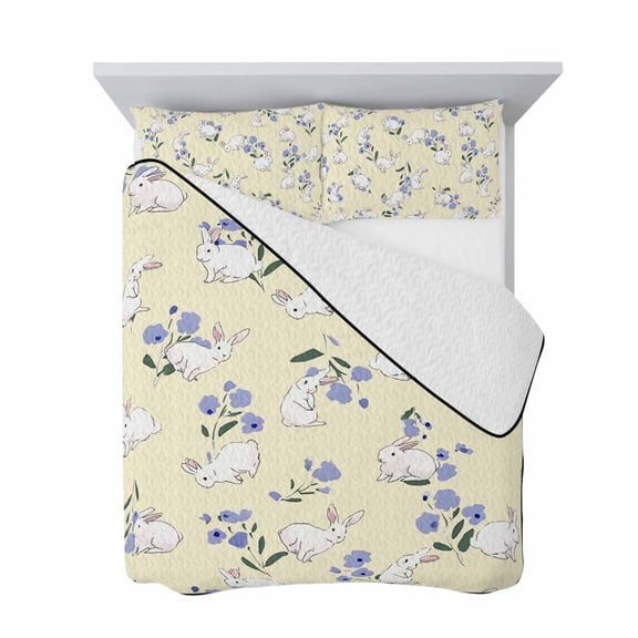 Easter Rabbit 3 Piece Quilt Set Twin Size, Cute White Bunny Purple Floral Yellow Background Soft Bedspread Coverlet Bedding Set Microfiber Comforter Set with 2 Pillowcases for Bedroom