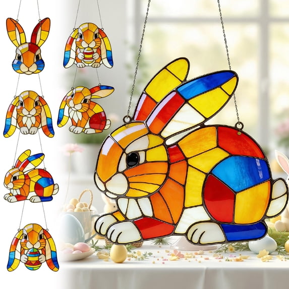 Easter Rabbit Acrylic Style Window Hanging Ornament, Cute Easter Bunny Farmhouse Decor for Home Window Garden Wall, Spring Festive Hanging Plaque & Gift for Easter Holiday Decoration, 7.87in, A