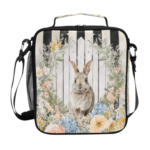 Easter Rabbit Ahead Fence Flowers Stripes Insulated Lunch Bag Reusable Lunch Box Lunch Container with Straps