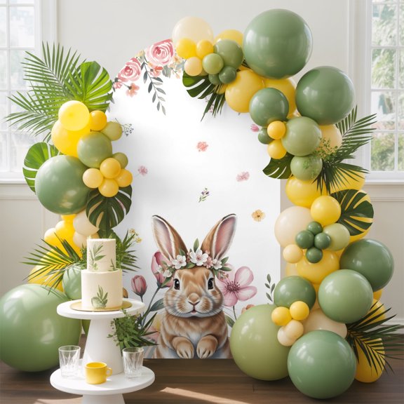 Easter Rabbit Arch Backdrop Cover, 5FT, Spring Watercolor Pink Roses Floral Bunny Eggs Spandex Arch Covers Double-Sided Backdrop for Wedding Birthday Party Photo Background Decoration