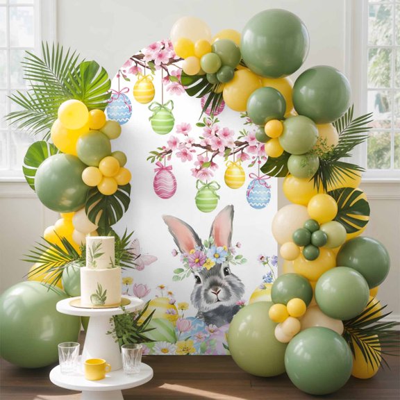 Easter Rabbit Arch Backdrop Cover, 7.2FT, Colored Eggs Cute Bunny Spring Florals Rustic Butterfly Spandex Arch Covers Double-Sided Backdrop for Wedding Birthday Party Photo Background Decoration