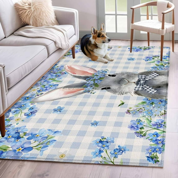 Easter Rabbit Area Rug 3x5 Washable Rug Non Slip Spring Cute Bunny Blue ...