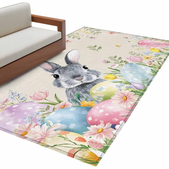 Easter Rabbit Area Rugs 2.7x5ft Watercolor Floral Colored Eggs Linen Texture Floor Rug Non Slip Low Pile Ultra Soft Carpet for Entryway Indoor Bedroom Dining Room Under Table