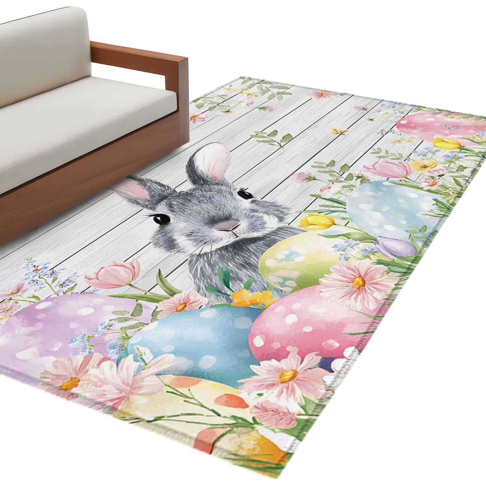 Easter Rabbit Area Rugs 2.7x5ft Watercolor Floral Colored Eggs White ...