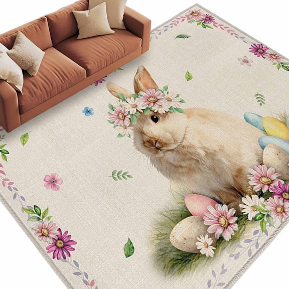 Easter Rabbit Area Rugs 5x8ft Watercolor Spring Bunny Eggs Floral Linen Texture Floor Rug Non Slip Low Pile Ultra Soft Carpet for Entryway Indoor Bedroom Dining Room Under Table