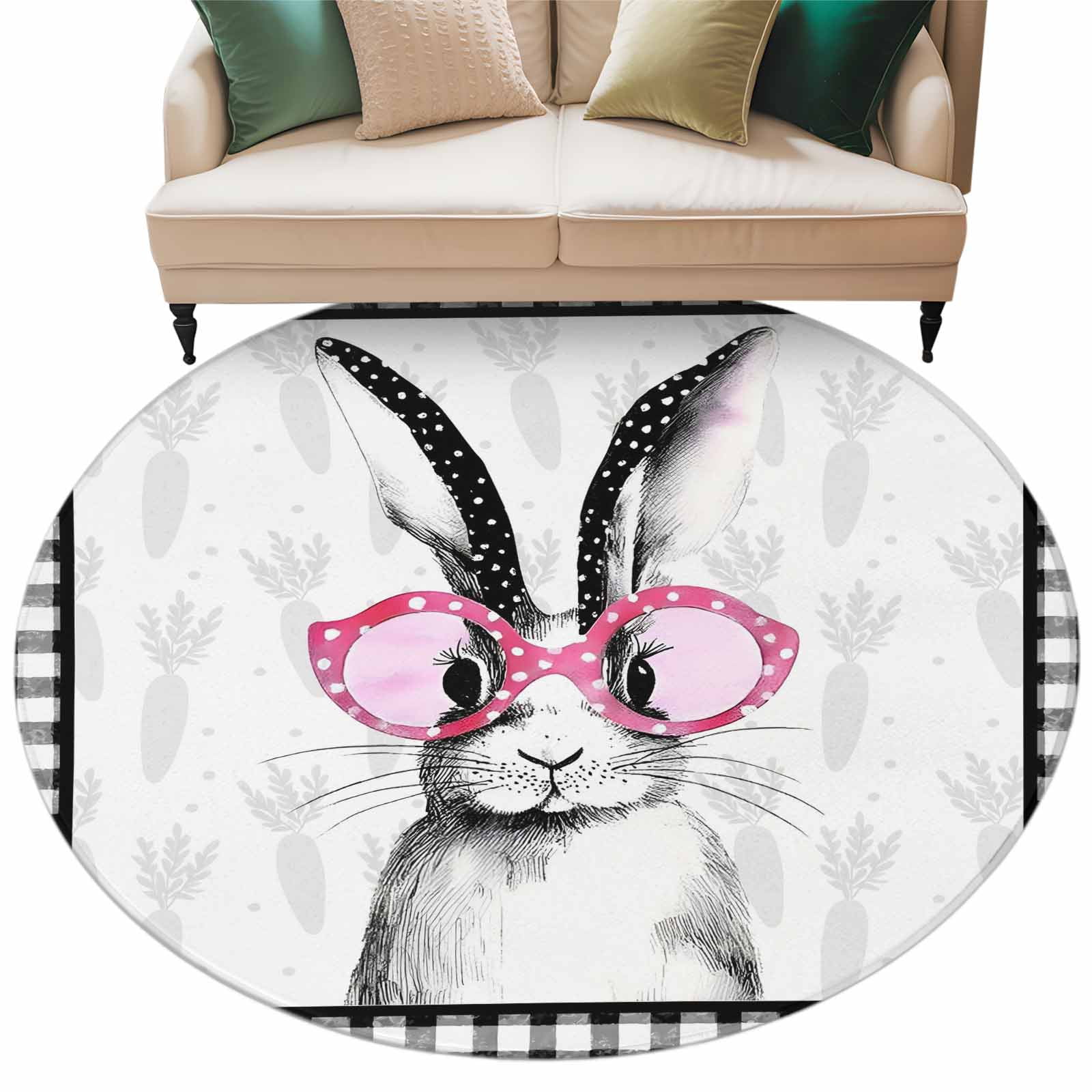 Easter Rabbit Area Rugs 7ft Pink Glasses Bunny Carrots Black White ...