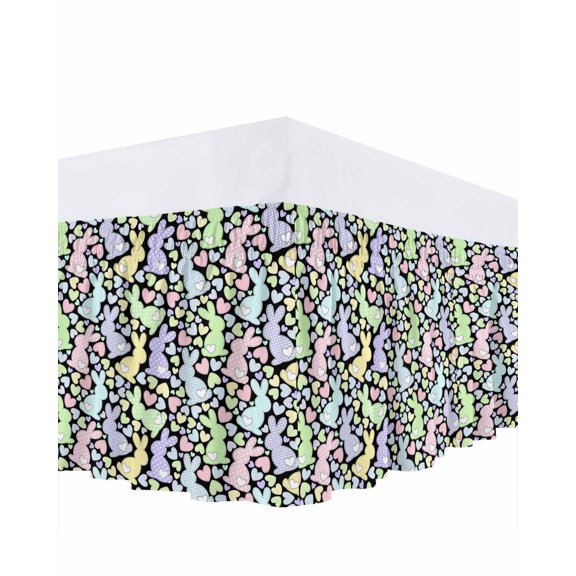 Easter Rabbit Bed Skirt Queen Size 16 Inch Drop, Blue Green Purple Yellow Pink Bunny Love Heart Adjustable Elastic Dust Ruffles Bedskirt for Queen Bed Wrap Around Pleated Mattress Frame Cover