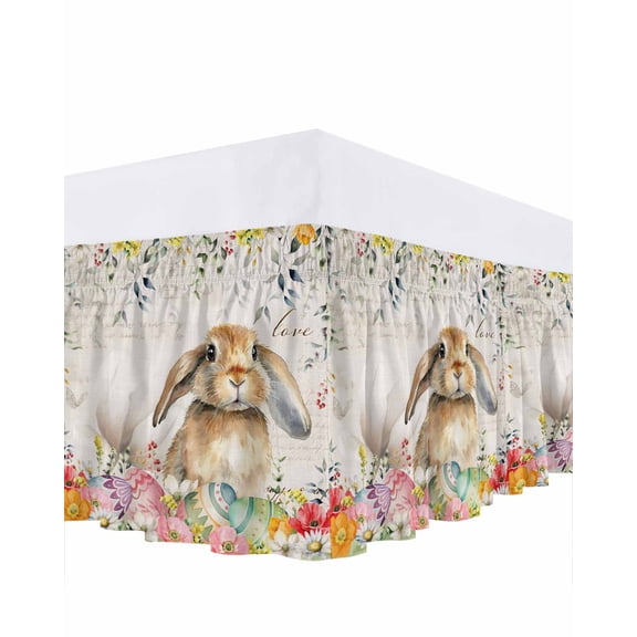 Easter Rabbit Bed Skirt Queen Size 16 Inch Drop, Spring Floral Leaf Botanical Yellow Bunny Eggs Rustic Adjustable Elastic Dust Ruffles Bedskirt for Queen Bed Wrap Around Pleated Mattress Frame Cover