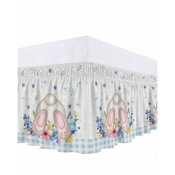 Easter Rabbit Bed Skirt Queen Size 16 Inch Drop, Spring Pink Blue Flower Egg Bunny Tail Blue Plaid Adjustable Elastic Dust Ruffles Bedskirt for Queen Bed Wrap Around Pleated Mattress Frame Cover