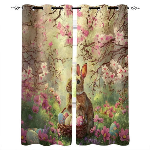 Easter Rabbit Blackout Curtains for Bedroom, Colorful Eggs Vintage Pink Floral Forest Branch Thermal Insulated Kitchen Drapes with Grommets, Light Blocking Window Treatment, 2 Panels 52" x 45"