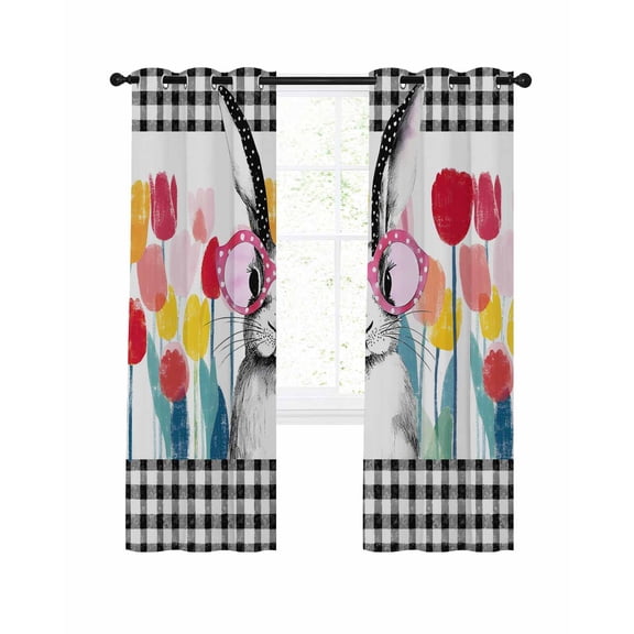 Easter Rabbit Blackout Curtains for Bedroom Living Room, Pink Glasses Bunny Floral Black White Plaid 90 In Long Thermal Insulated Room Darkening Drapes Grommet Window Treatments, 52 x 90 In