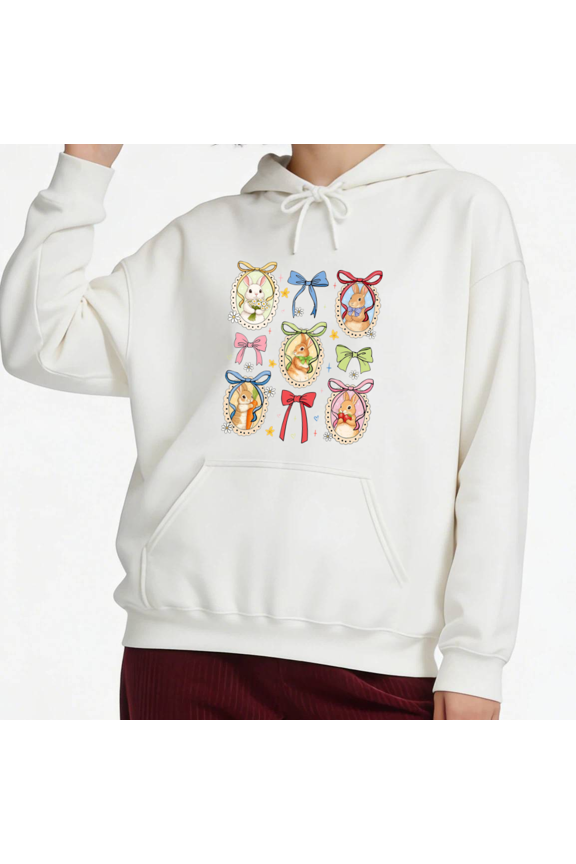 Easter Rabbit Bow Badge Graphic Sweatshirt Womens Print Hoodie Black Sweatshirt Retro Bunny Design S-2XL Soft Fleece Pullover Tops