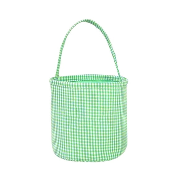 Easter Rabbit Bucket - Blue Checkered Fabric, Handle - Foldable, Stable Base - for Easter Egg Hunts, Nursery Storage