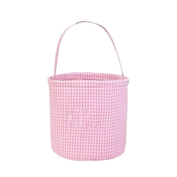 Easter Rabbit Bucket - Blue Checkered Fabric, Handle - Foldable, Stable Base - for Easter Egg Hunts, Nursery Storage