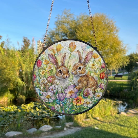 Easter Rabbit Bunny Glass Suncatcher, Cute Animal Window Art, Nursery Spring Decor, 6.3 in