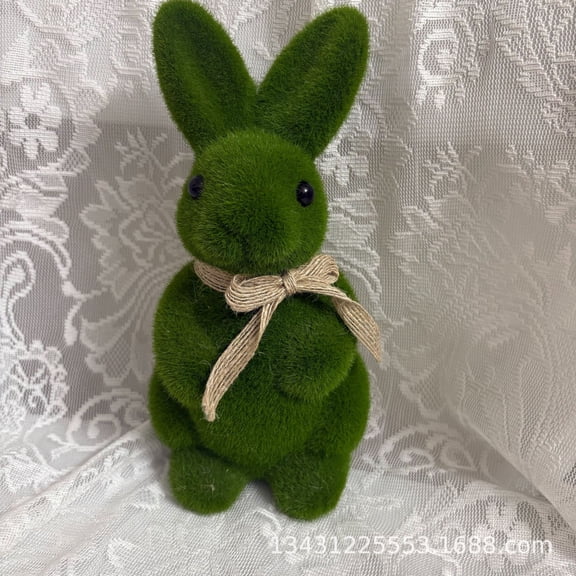 Easter Rabbit Bunny Ornaments, 7.87 Inch Moss Bunny Green Flocked Easter Bunny, Figurine Decoration Furry Flocked Bunny Spring Easter Décor A