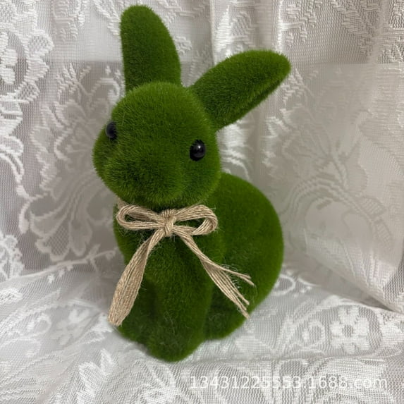 Easter Rabbit Bunny Ornaments, 7.87 Inch Moss Bunny Green Flocked Easter Bunny, Figurine Decoration Furry Flocked Bunny Spring Easter Décor B