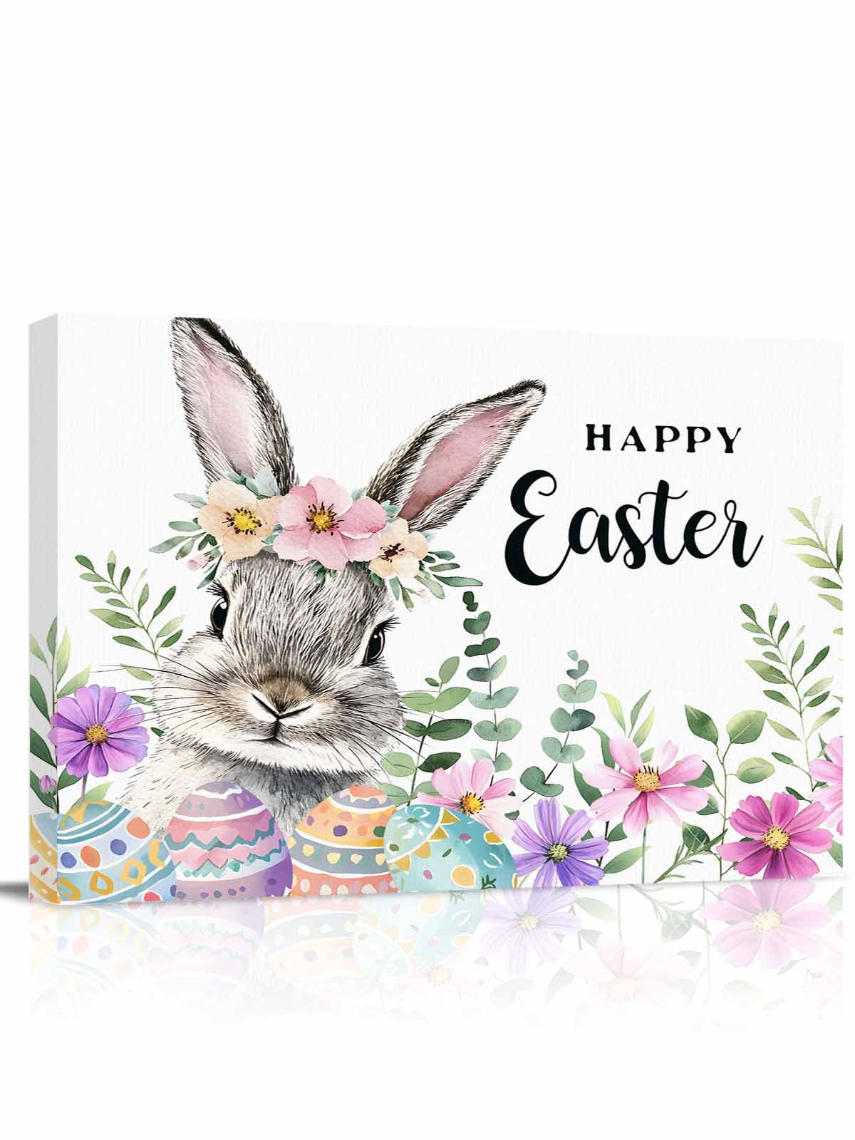 Easter Rabbit Canvas Print Wall Art Bunny Easter Eggs Spring Leaf ...