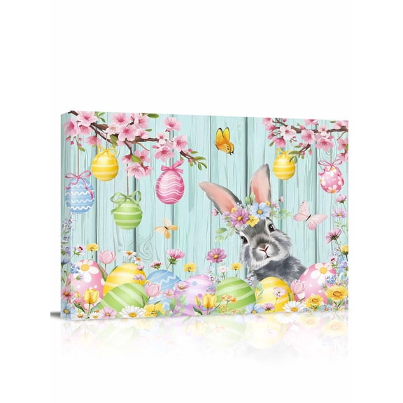 Easter Rabbit Canvas Print Wall Art Colored Eggs Cute Bunny Spring Flowers Leaf Wood Grain Pictures Painting Morden Artwork for Living Room Bedroom, Ready to Hang - 12"x16"