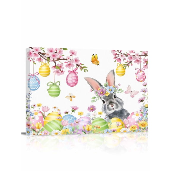 Easter Rabbit Canvas Print Wall Art Colored Eggs Cute Bunny Spring Flowers Rustic Butterfly Pictures Painting Morden Artwork for Living Room Bedroom, Ready to Hang - 12"x16"