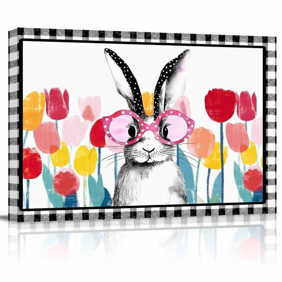 Easter Rabbit Canvas Print Wall Art Pink Glasses Bunny Floral Black White Plaid Border Pictures Painting Morden Artwork for Living Room Bedroom, Ready to Hang - 12"x16"