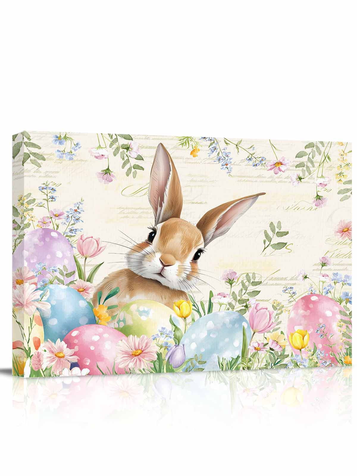 Easter Rabbit Canvas Print Wall Art Spring Floral Colored Eggs Beige ...