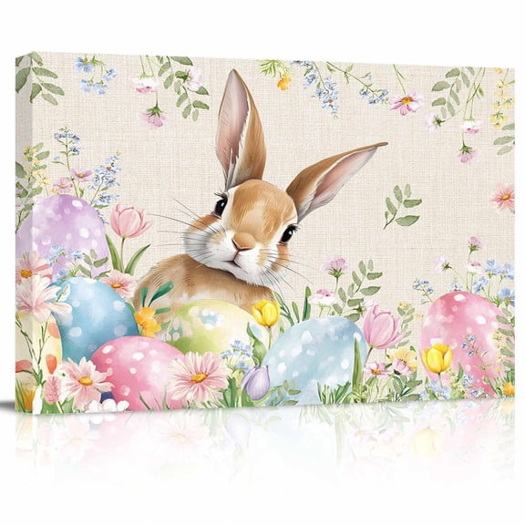 Easter Rabbit Canvas Print Wall Art Spring Floral Colored Eggs Linen Texture Pictures Painting Morden Artwork for Living Room Bedroom, Ready to Hang - 12"x16"
