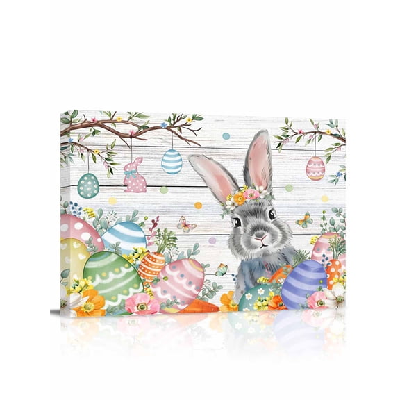 Easter Rabbit Canvas Print Wall Art Spring Floral Eggs Branches White Wood Grain Pictures Painting Morden Artwork for Living Room Bedroom, Ready to Hang - 12"x16"