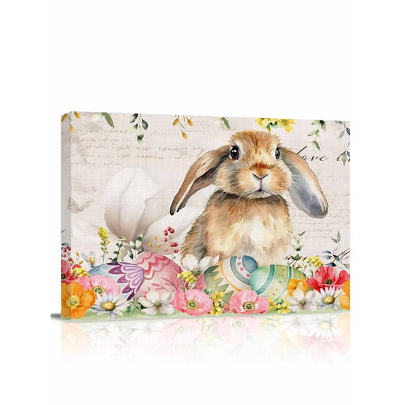 Easter Rabbit Canvas Print Wall Art Spring Floral Leaf Botanical Yellow Bunny Colorful Eggs Rustic Pictures Painting Morden Artwork for Living Room Bedroom, Ready to Hang - 12"x16"