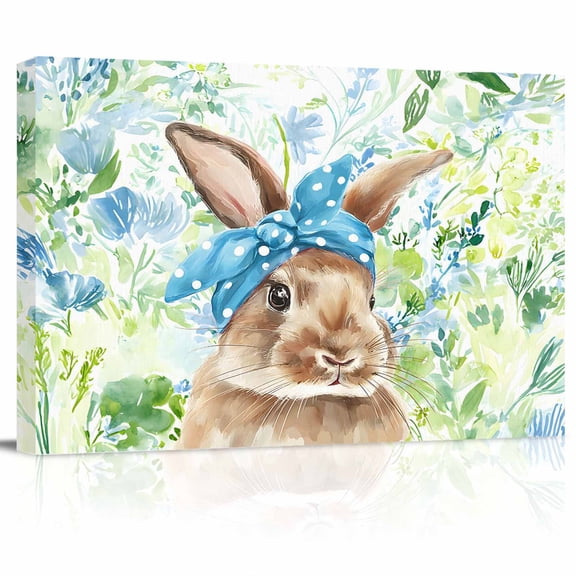 Easter Rabbit Canvas Print Wall Art Spring Watercolor Scarf Bunny Blue Green Floral Pictures Painting Morden Artwork for Living Room Bedroom, Ready to Hang - 12"x16"