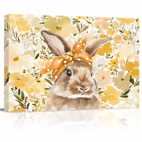 Easter Rabbit Canvas Print Wall Art Spring Watercolor Scarf Bunny Yellow Floral Pictures Painting Morden Artwork for Living Room Bedroom, Ready to Hang - 12"x16"