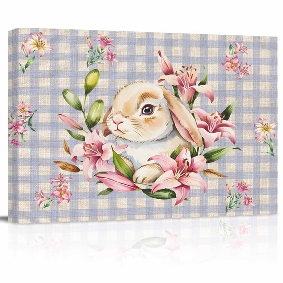 Easter Rabbit Canvas Print Wall Art Vintage Spring Pink Floral Bunny Purple Plaid Pictures Painting Morden Artwork for Living Room Bedroom, Ready to Hang - 12"x16"