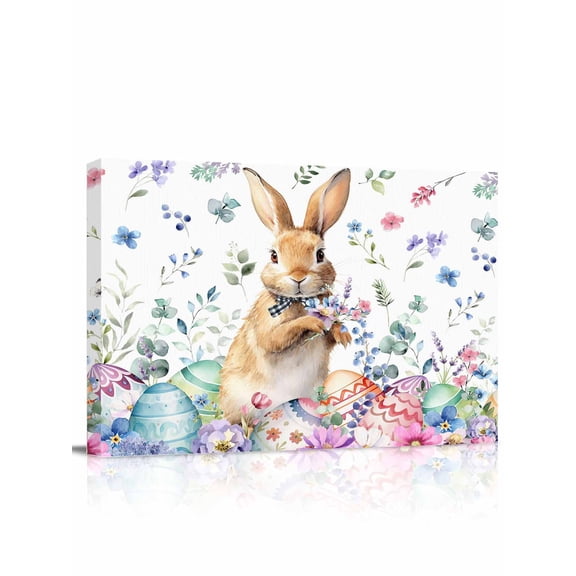 Easter Rabbit Canvas Print Wall Art Watercolor Spring Colorful Botanical Flowers Leaves Eggs Pictures Painting Morden Artwork for Living Room Bedroom, Ready to Hang - 12"x16"