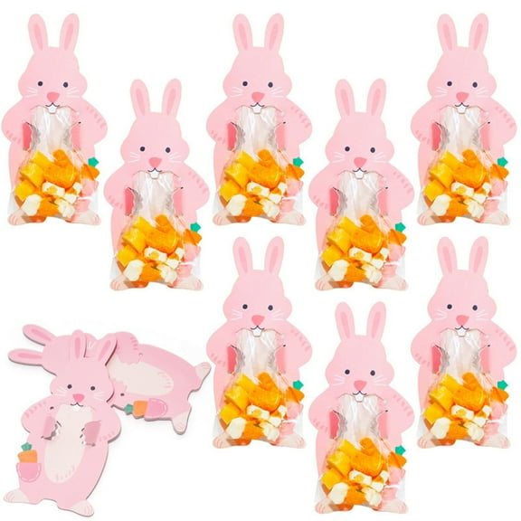 Easter Rabbit Cellophane Bags with Pink Bunny Greeting Cards Easter Goodie Bags Self Adhesive Clear Candy Cookie Poly Gift Bags with Transparent Stickers for Party Favor