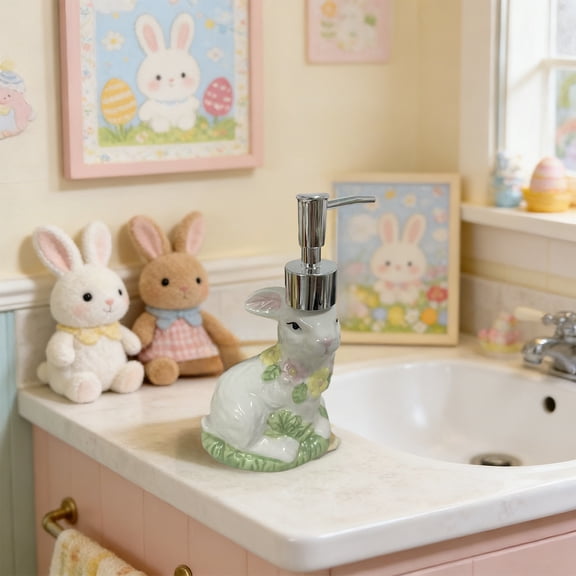 Easter Rabbit Ceramic Soap Dispenser for Hand Soap, Shampoo, Dish Soap, Conditioner, Bathroom & Kitchen, Stainless Steel Pump, Lovely and Graceful Kitchen Decor