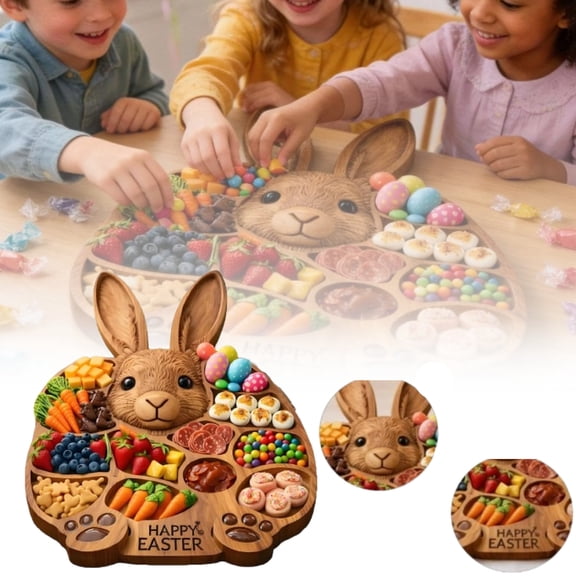 Easter Rabbit Charcuterie Board - Bunny Shaped Wooden Serving Platter with Divided Compartments, Holiday Serving Tray & Easter Centerpiece & Gift