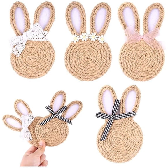 Easter Rabbit Coasters Set of 4,Handmade Braided Jute Rope Bunny Coasters,Cute Easter Rabbit Soft Decorative Cup Mat, Anti Slip Absorbent Drinks Mats,Housewarming Gift for Home Party Decor
