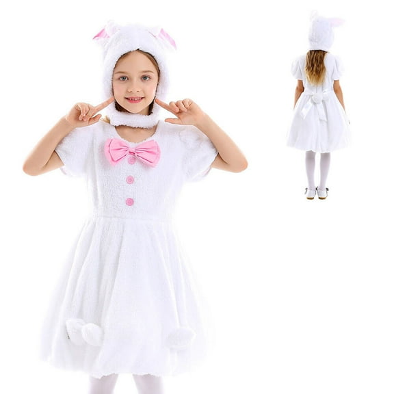 Easter Rabbit Costume Dress for Girls Bunny Headwear Dress Bowknot Set, Size 8-10Y