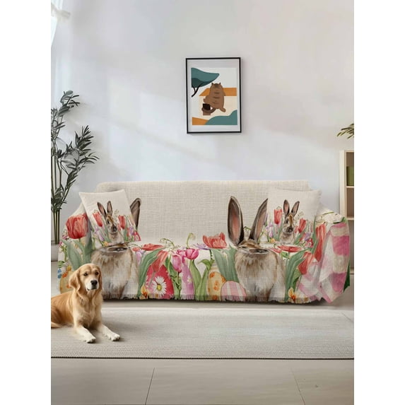 Easter Rabbit Couch Cover, Spring Tulips Flowers Leaves Botanical Retro Sofa Cover Blanket for 2 Seat Cushion, Sectional Sofa Slipcover Furniture Protector for Living Room Bedroom 71''x102''
