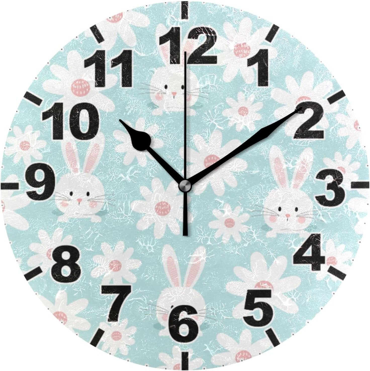 Eastern Rabbit Clock Easter Rabbit and Daisy Flower Round Wall Clock, Battery Operated ...