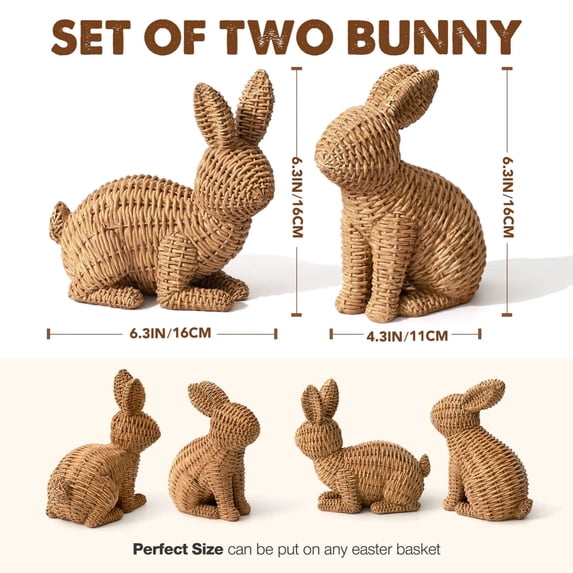 Easter Rabbit Decor, Rattan Effect Resin Bunny Easter Decor,Table Rabbit Easter Decorations,Spring Bunnies Decoration Statue Figurine for Home Farmhouse (Brown, Small-Pair)