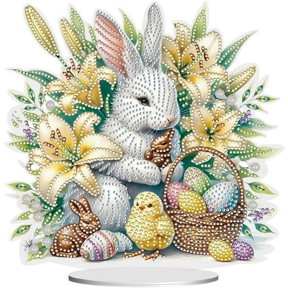 Easter Rabbit Diamond Painting Tabletop Ornaments Kit Acrylic Bunny 5D DIY Diamond Art Tabletop Decorations Diamond Painting Desktop for Easter Party Decoration Indoor Home Decor