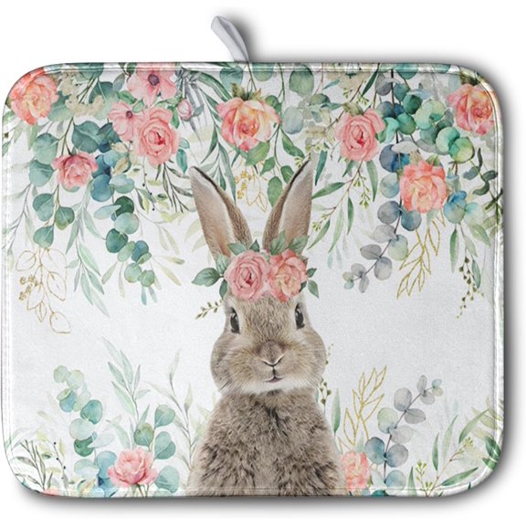Easter Rabbit Dish Drying Mats for Kitchen Counter Easter Spring Watercolor Floral Bunny Absorbent Dish Drying Mat 16x18 Inch Absorbent Reversible Reusable Washable Dishes Drainer Mats