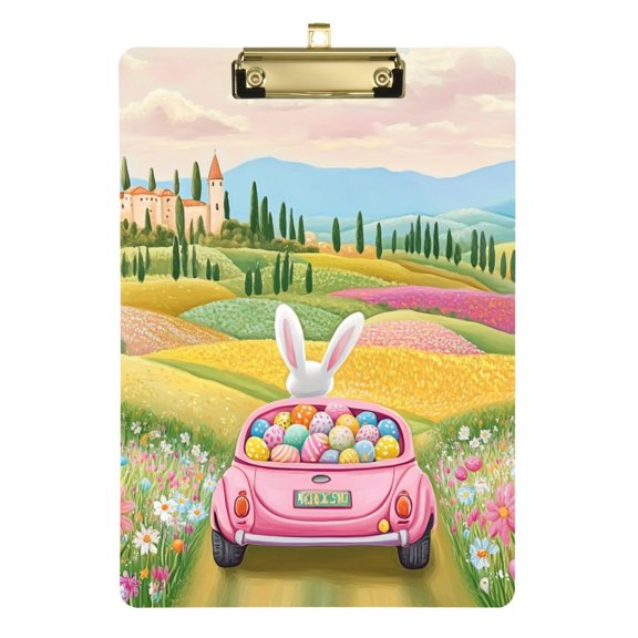 Easter Rabbit Driving on Beautiful Lane Acrylic Clipboard Drawing Board with Hook Writing Pad File Storage A4 Size Gold 12.5" x 9"