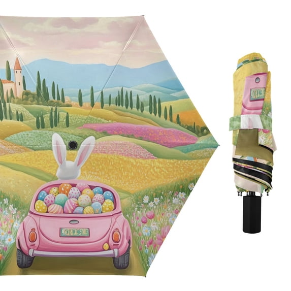Easter Rabbit Driving on Beautiful Lane All Weather Umbrella Triple Folding Parasol 6 Ribs UV Protection Portable