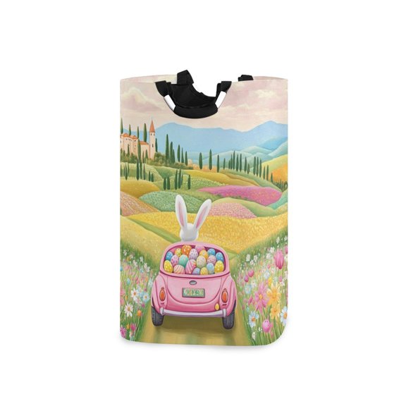 Easter Rabbit Driving on Beautiful Lane Laundry Basket with Handles Foldable Laundry Hamper Freestanding Washing Bin 50L