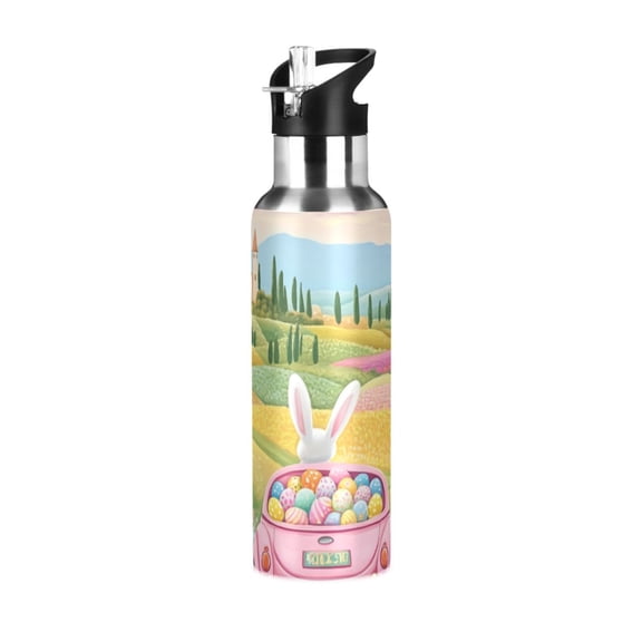 Easter Rabbit Driving on Beautiful Lane Sports Bottle with Straw Stainless Steel Water Jug Portable Thermal Cup Leak-proof 600ML