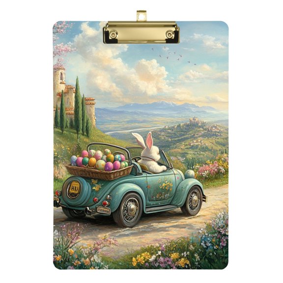 Easter Rabbit Driving with Eggs Acrylic Clipboard Drawing Board with Hook Writing Pad File Storage A4 Size Gold 12.5" x 9"